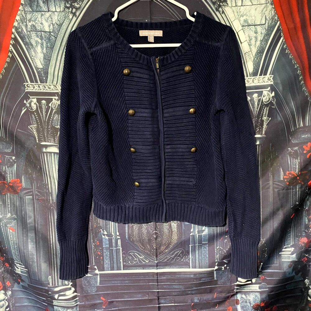 Banana Republic Cardigan Sweater Women's M Blue Ribbed Full Zip Knit Outdoor